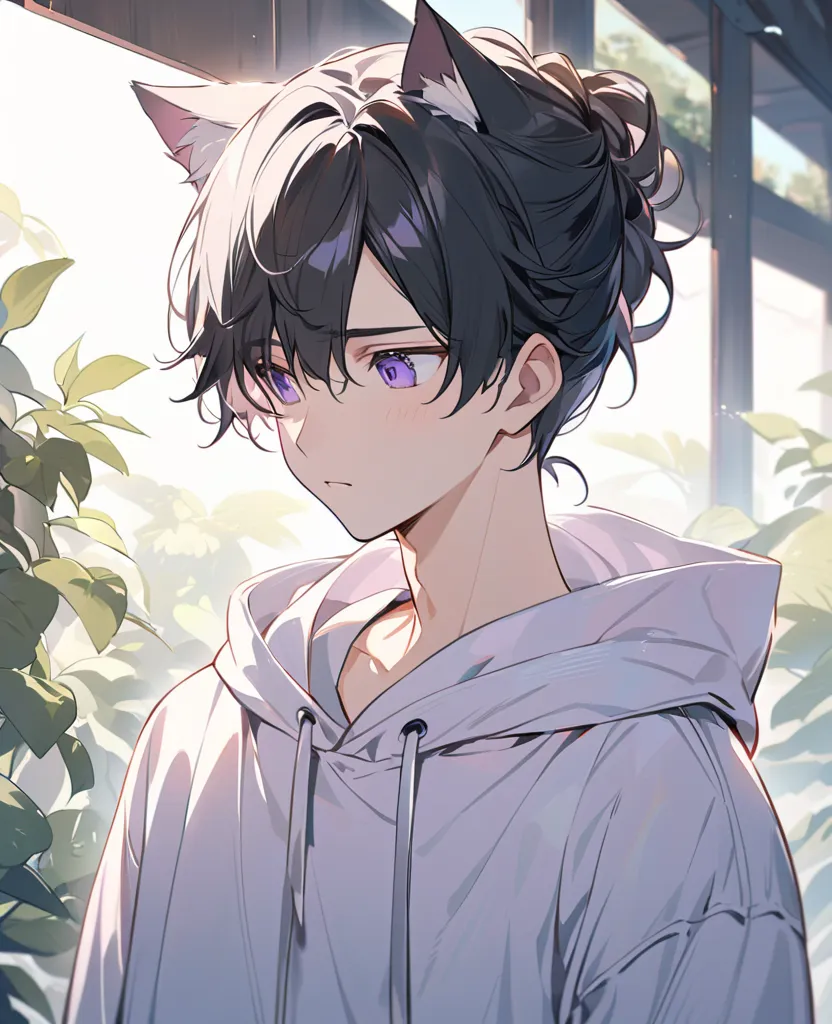 alone  ， black hair， Cat ears、chip pink highlight， male、purple eyes ， sagitales、smile, hoodie、Calm hair、shy face
、upper body