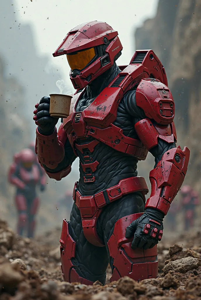 Halo Red Spartan covered in blood drinking coffee