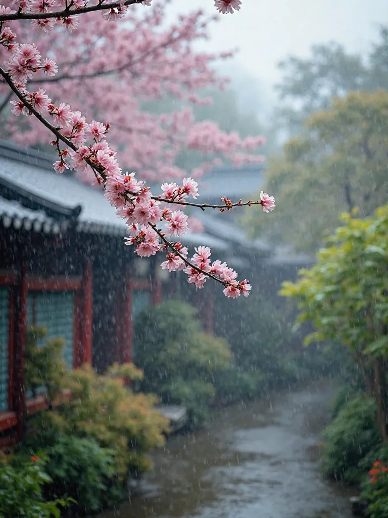 A serene scene featuring delicate pink blossoms cascading from branches, set against a backdrop of traditional Asian architecture with a dark, curved roof. The atmosphere is misty and tranquil, with soft rain falling, enhancing the lush greenery nearby. Ca...