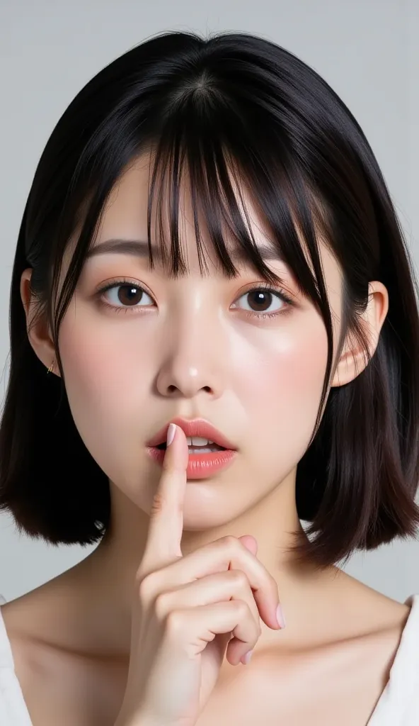  masterpiece, Best Quality,  super precise. 1 Japanese girl,   mature face、bob cut with skindent,   black hair,  focus on the face、the index finger and middle finger of your right hand while signingＶSign 、ＶCover your mouth with the palm of your hand while ...