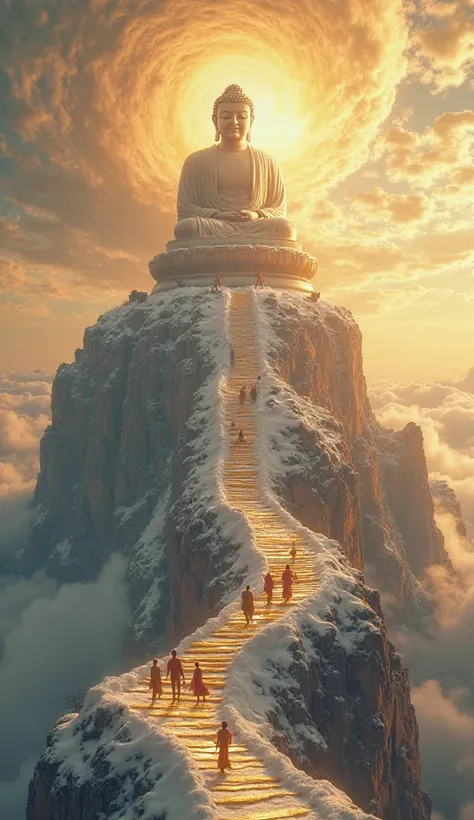 "A colossal Buddha statue sits at the peak of a high, snowy mountain, surrounded by swirling clouds and a radiant golden sky. A path of golden steps leads up to him, with monks ascending in devotion. His presence radiates immense peace and compassion, cast...