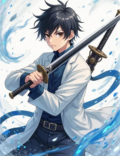  youth,handsome, black hair,brown eyes,Sugar face ,swordsman,has a jet black sword,western style white coat(The blue line), series of character actions,  Godley, Japanese illustration style, anime, Godley, 最強のswordsman