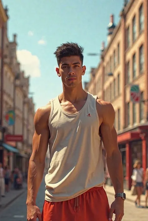 Basketball player men, In a casual outfit, Short pant, top tank, musculine, Hip hop style, summer, in london, face=Jude Bellingham, tall, good looking, Latin, not have beard, not black people