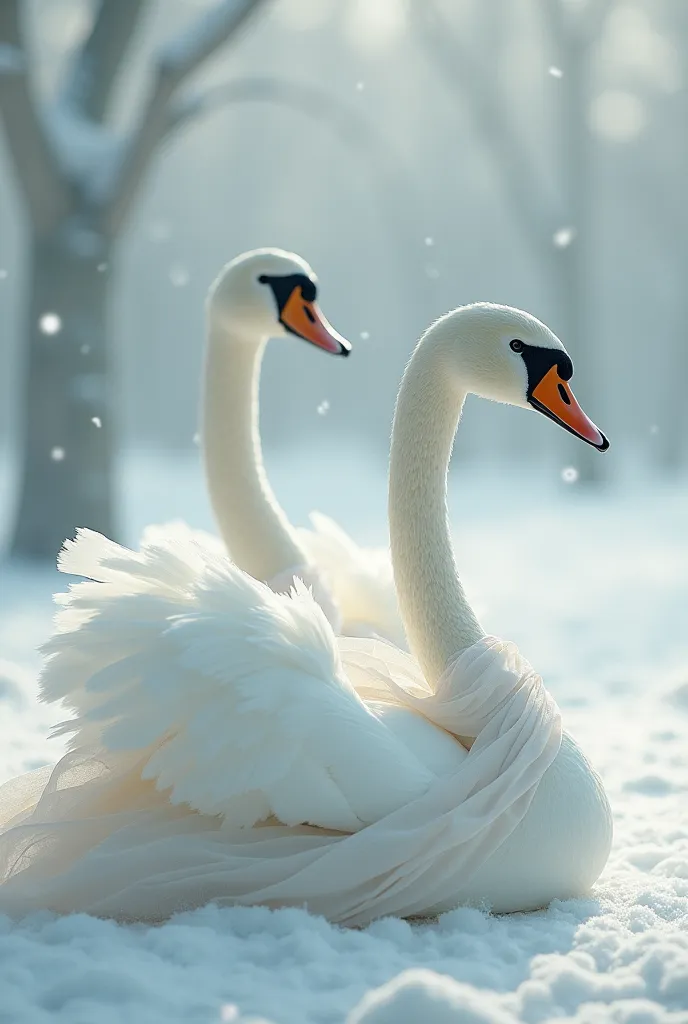 White swans wearing cloth of a snow 