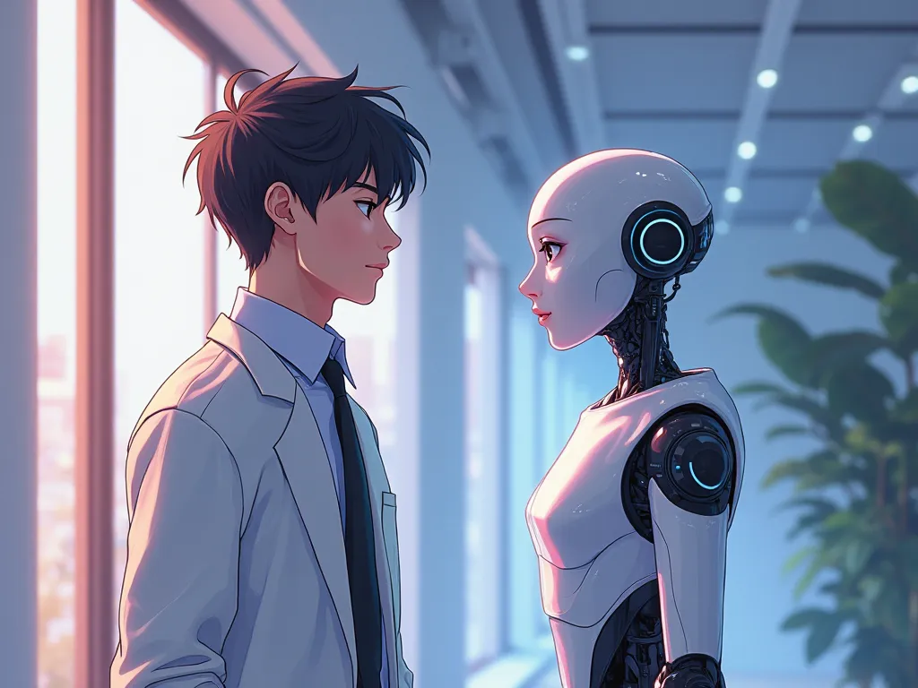 Young male with an AI assistant next to him. Intrigued. Anime style.