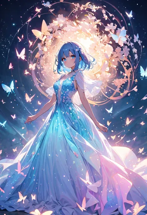 Create an anime-style digital illustration。In soft pink and blue tones。, Pastel blue hair and vibrant blue eyes. She should wear white clothing, A flowing dress that reflects and shines with light. The background should be ethereal, Feature a young woman w...