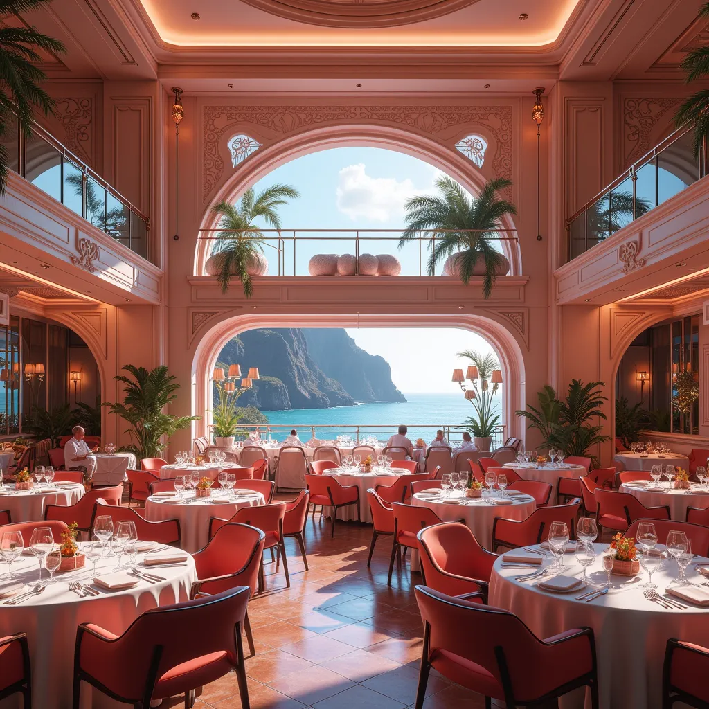 ((Elegant large restaurant with mezzanine in pastels colors ambience)), in style of retro futurism, at night  (overlooking the magnificent bay of Hawaii with hight mezzanine), dramatic lighting, high details, award winning, (chef-d'œuvre:1.1, meilleure qua...