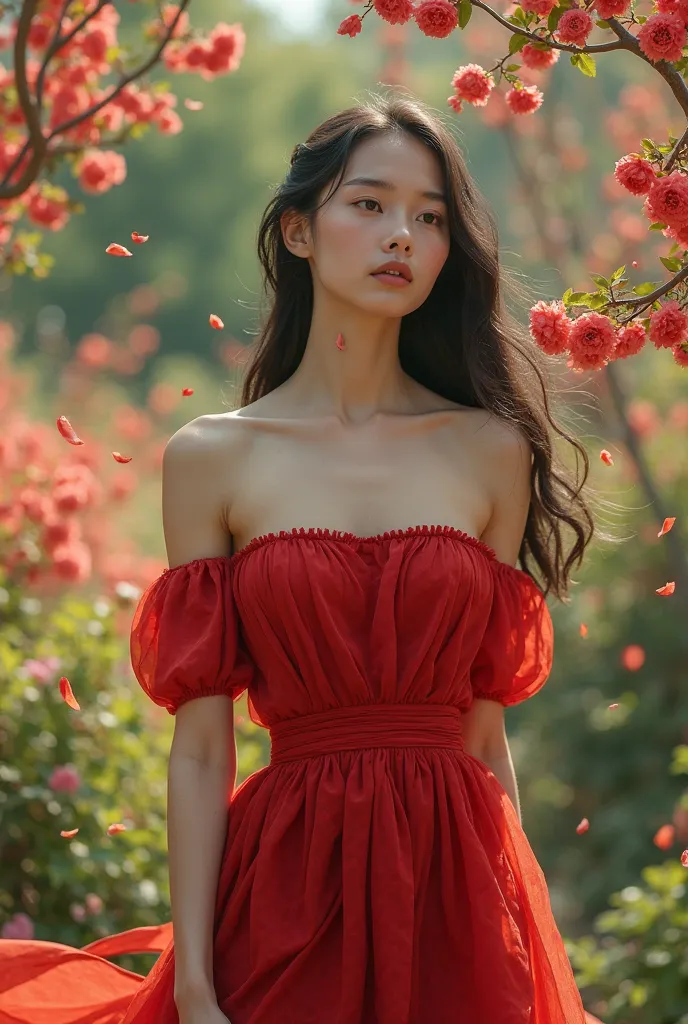 Wear red off-the-shoulder vintage, Flowers in the Higan