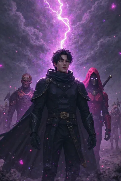 An epic illustration inspired by Solo Leveling, depicting Sung Jin-Woo in his most powerful state, surrounded by a dark aura and ominous shadows. He wears his iconic black cape, with bright eyes and a determined expression. Behind him , the army of shadows...