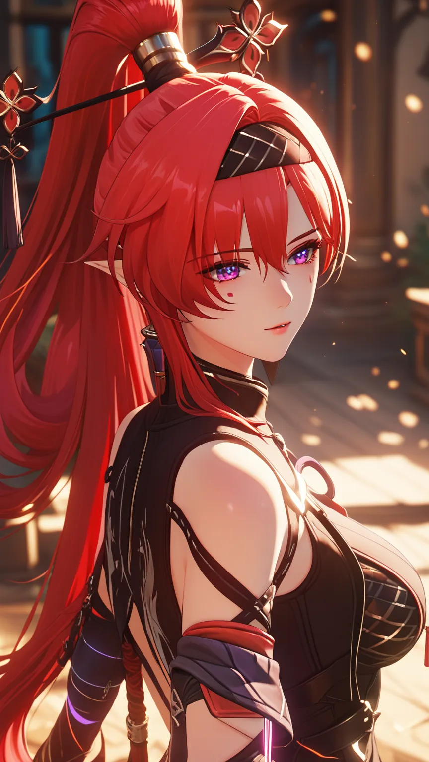 1 girl, horse face,Accessories,, a ponytail hairstyle ,Hair Straps,earring,red hair, purple eyes,Accessoriesผม,Pointed ears, long hair,hair stick,Facial Marks,alone,mole,