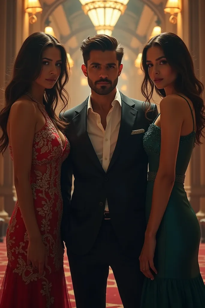 Create realistic poster of  KAUN TALHA name with a handsome guy standing between two hottest glamorous woman's in a cinematic background 