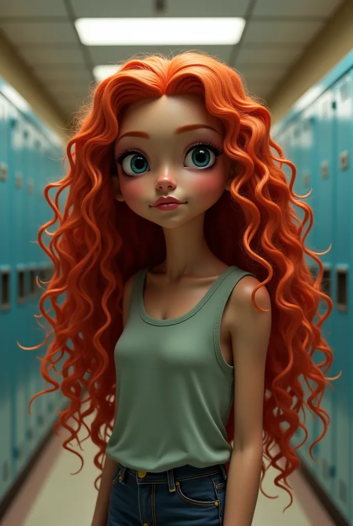 A girl with long curly red hair stands back in front of a 2000's high school realistic style