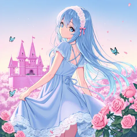 masterpiece, best quality, ultra-detailed, an anime-style scene featuring a young girl with long, flowing blue hair and big, sparkling blue eyes. She stands in front of a whimsical pink castle, her expression soft and curious as she looks back over her sho...