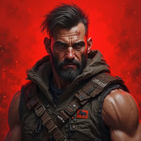 Potrait of hero last war survival game. Male hero. Red background