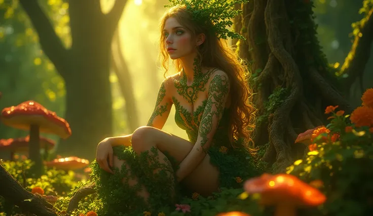 (( Masterpiece , high quality, high resolution, very detailed combined CG wallpaper 8K)), is majestic and nourishes, The goddess of the earth, embodies the essence of nature:1.3, as she sits on a throne of intertwining roots and blooming flowers, her emera...