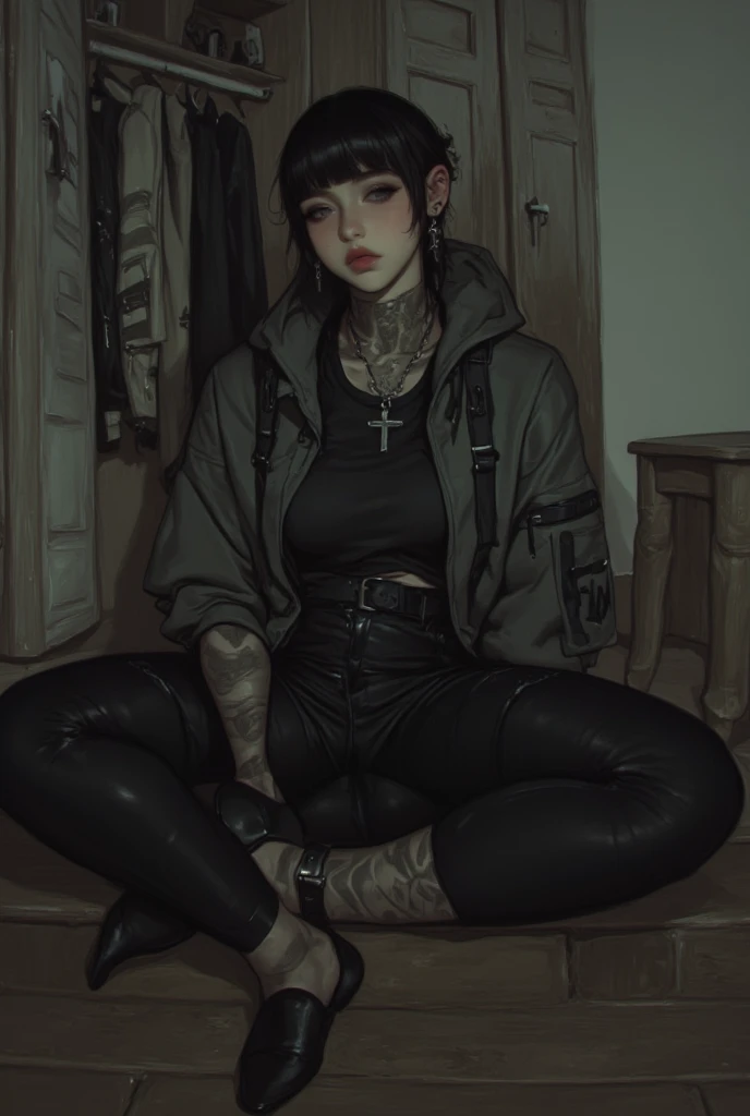 Metiska is an Asian and a Russian woman, She is 20 years old, She is wearing a black tank top over a dark grey jacket,black jeans,ear piercing without crosses, Her black hair is short to the shoulders and disheveled a bit like a wolf cut,without bangs ,  s...