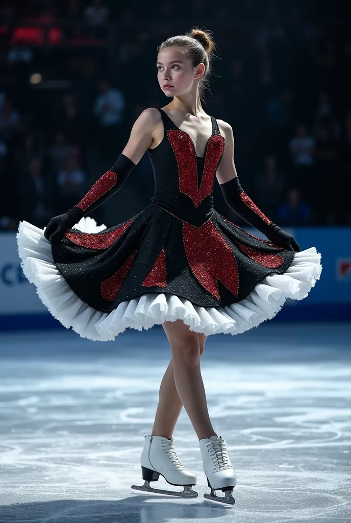 A young figure skater's short dress, THAT FITS THE THEME CruElla de vil (Short black and white skirt, Black upper body with red elements)