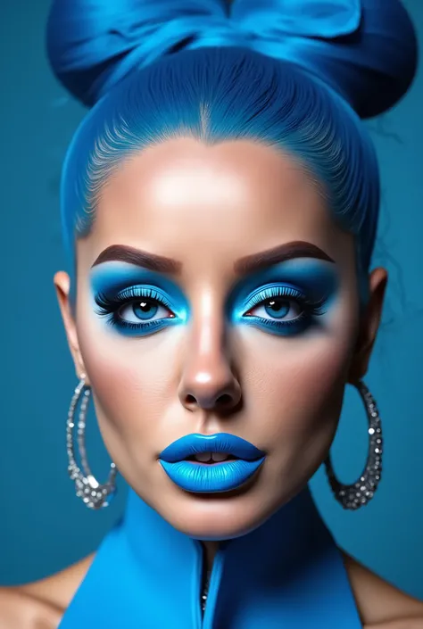 incredibly long and voluminous eyelash extensions, bright blue makeup, blue hair , diamond earrings , collar, blue lips, Her lips are puckered up., bow-shaped hair ,