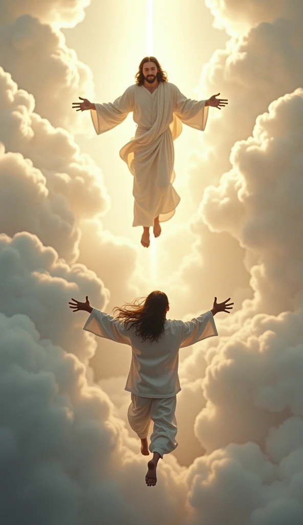 ultra-realistic image, 4K, ren running toward Jesus, your hands outstretched to receive them, clouds under your feet