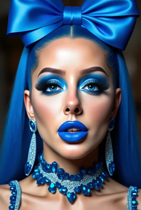 incredibly long and voluminous eyelash extensions, bright blue makeup, blue hair , diamond earrings , collar, blue lips, puckered lips, bow-shaped hair ,
