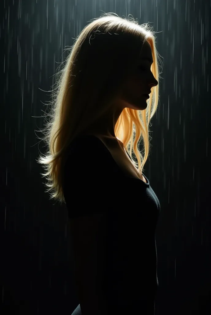 A woman who appears in the shadow silhouette has blond hair facing her back but her face will not be visible will rain on top of that shadow and the screen will be black Let the raindrops be more frequent 