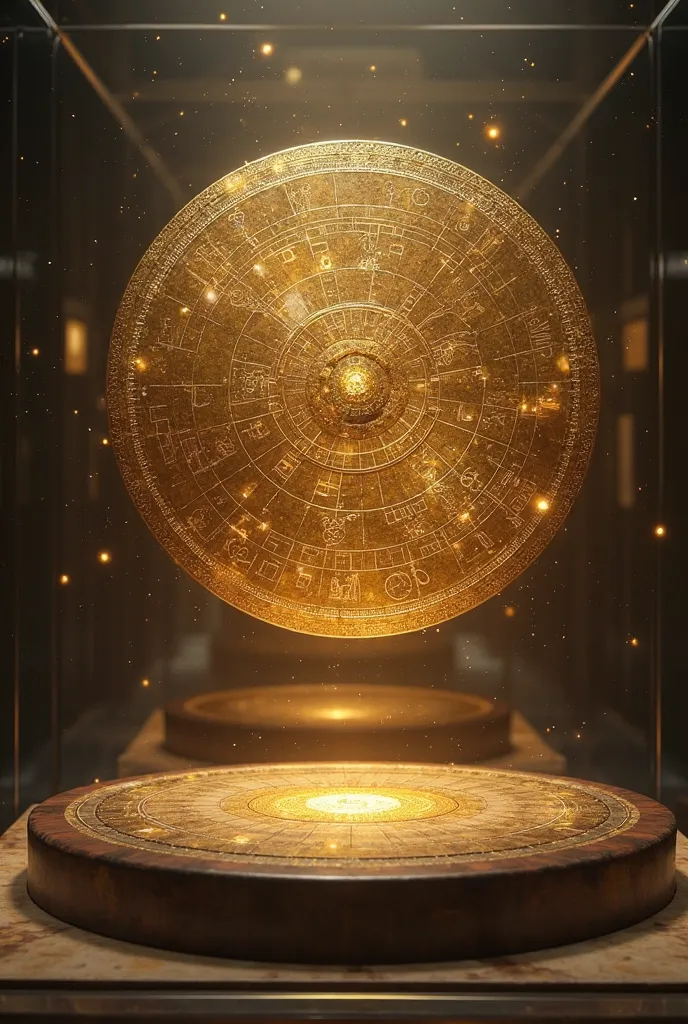 Nebra Sky Disc. A shimmering golden disk with ancient constellations floats above a museum display and reflects mysterious light.