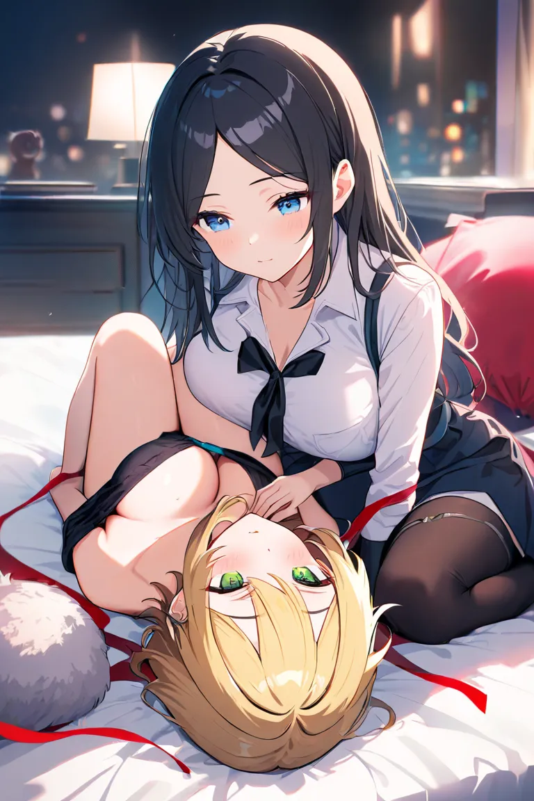 2 women（ character for V21（long hair、blonde hair、Big Breasts、 green eyes、Fleeting、A pair of ribbons on the left and right））、（ character for V2２（short hair、 black hair、 small tits、 blue eyes、Rin々Shii、Compassion））、 bed、sleep、Aftertaste、 and stare at each oth...