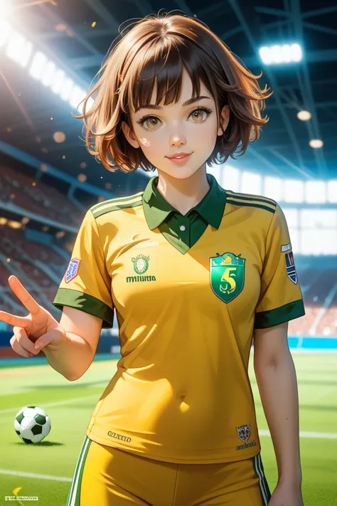 An elementary school soccer girl with short hair and brown hair wearing a yellow uniform