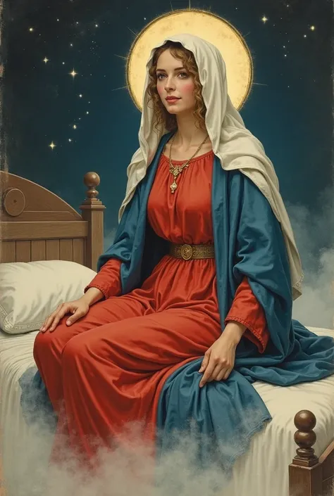 (((Virgin Mary, red tunic, blue coat, white veil, halo))), ((riding on the bed at midnight)), facing forward, looking down camera shyly, smiling, crouching, view from below, (((illustrated by J.C. Leyendecker)))