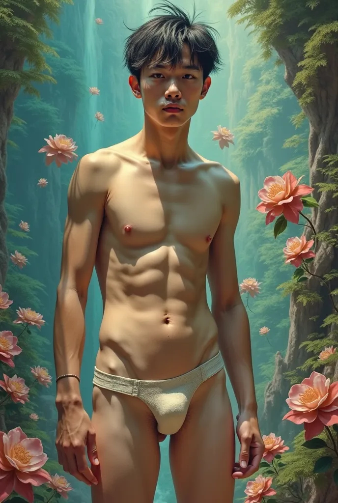 Create a surreal-style artwork featuring a nude Asian young man and anatomical accuracy, including visible genitals (dick and testicle). The scene should blend dreamlike elements with vibrant, otherworldly colors and abstract backgrounds. Incorporate surre...