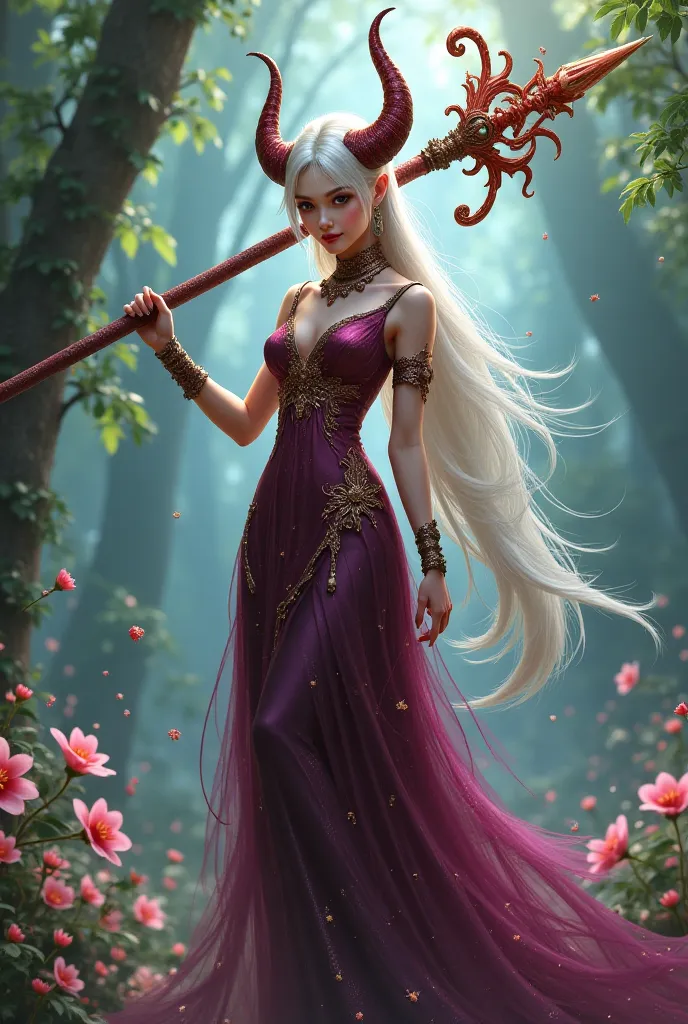 Asian demon princess of the  forgotten garden. Elegant - ethereal, pallette colours:
    "Midnight Plum": "#3B122F",
    "Dark Jade": "#0F4D3F",
    "Dusky Gold": "#B58E4A",
    "Ghostly Orchid": "#D4A5C6".she wields a gigantic rod as her weapon. Make her ...