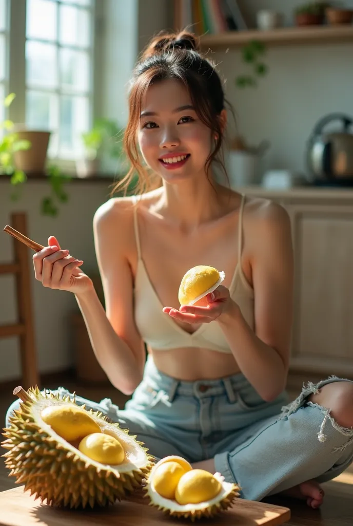 WOMAN 8K PHOTOREALISTIC. PROMPT: A 20-YEAR-OLD THAI WOMAN WITH FAIR SKIN AND A GOOD FIGURE, 170 CM TALL, 46 KG IN WEIGHT, BEAUTIFUL FACE, POINTED CHIN, LONG BROWN HAIR TIED IN A BUN, SHARP, BIG, FLIRTATIOUS EYES, PINK LIPS. DRESSED IN A PASTEL-COLORED CROP...