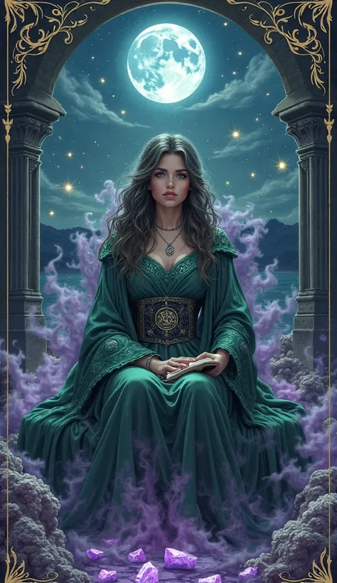 Fanart from the High Priestess letter (Jennifer Kale) in a mystical and serene setting, with an aura of wisdom and hidden secrets. Jennifer is sitting or standing on an ethereal throne made of purple mist and moonstones, com um véu translúcido blue flutuan...