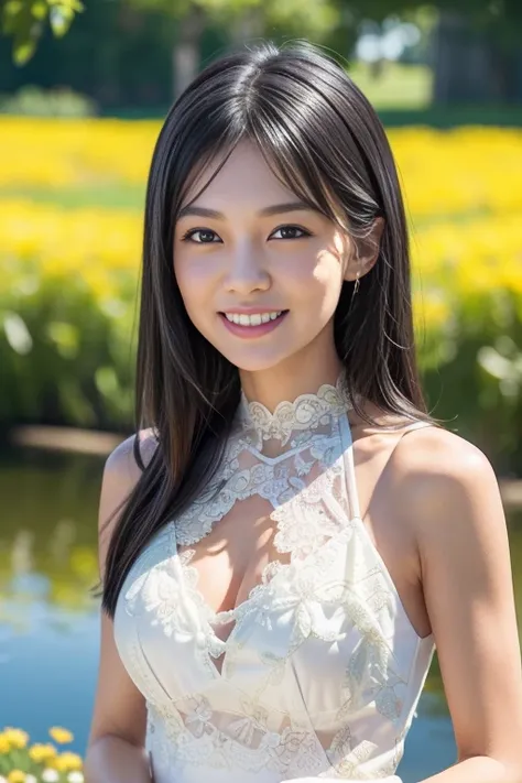 (8k, RAW photo, photorealistic, HQ, masterpiece, Brightly exposed photo), (Very elegant and beautiful, Perfect detail, Super detailed), a cute Japanese woman, (glowing eyes), 
(shy smile), dark brown hair,  (elegant white lace tight maxi dress, halter neck...