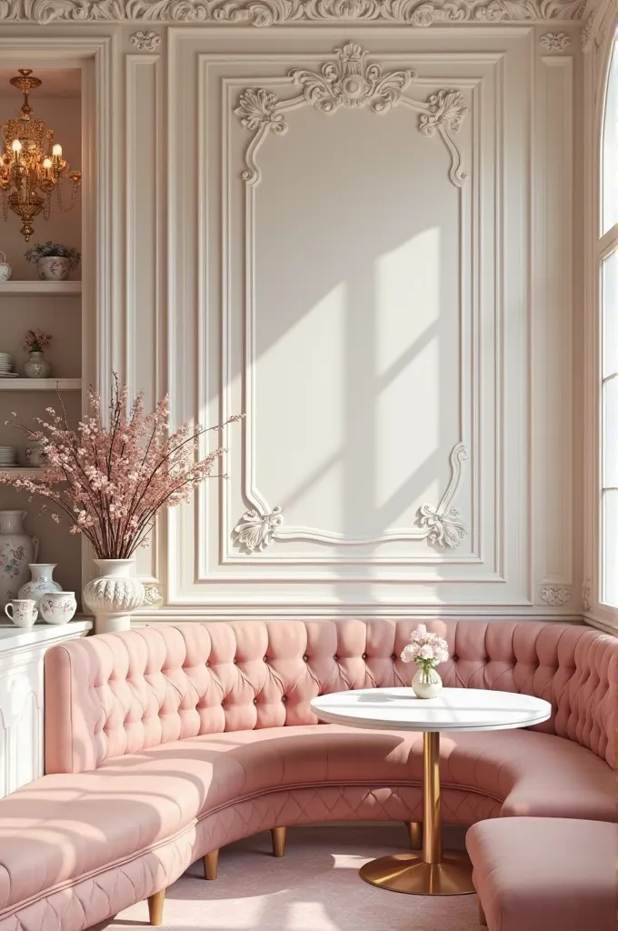 The neoclassic mixed rococo cafe asks for creamy white colors with a little pink.