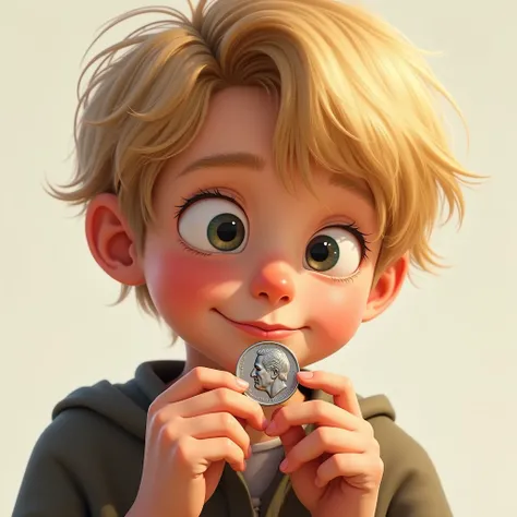 Realistic photograph of a YOUNG  BLOND BOY, HOLDING UP A DIME WITH THUMB AND INDEX FINGER… AND DEEPLY ADMIRING IT