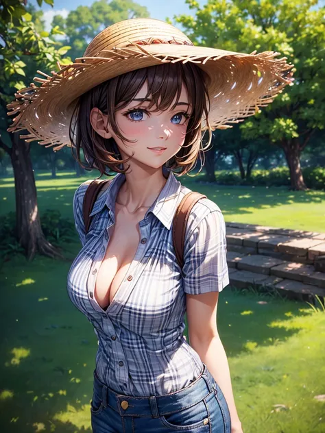 1girl, summer, trees, house, fantasy landscape, farmer, light brown hair, short hair, straw hat, large full breasts, dark blue eyes, ((light brown checked shirt)), ((unbuttoned shirt)), ((short sleeved shirt)), unbuttoning buttons, ((cleavage)), short jean...