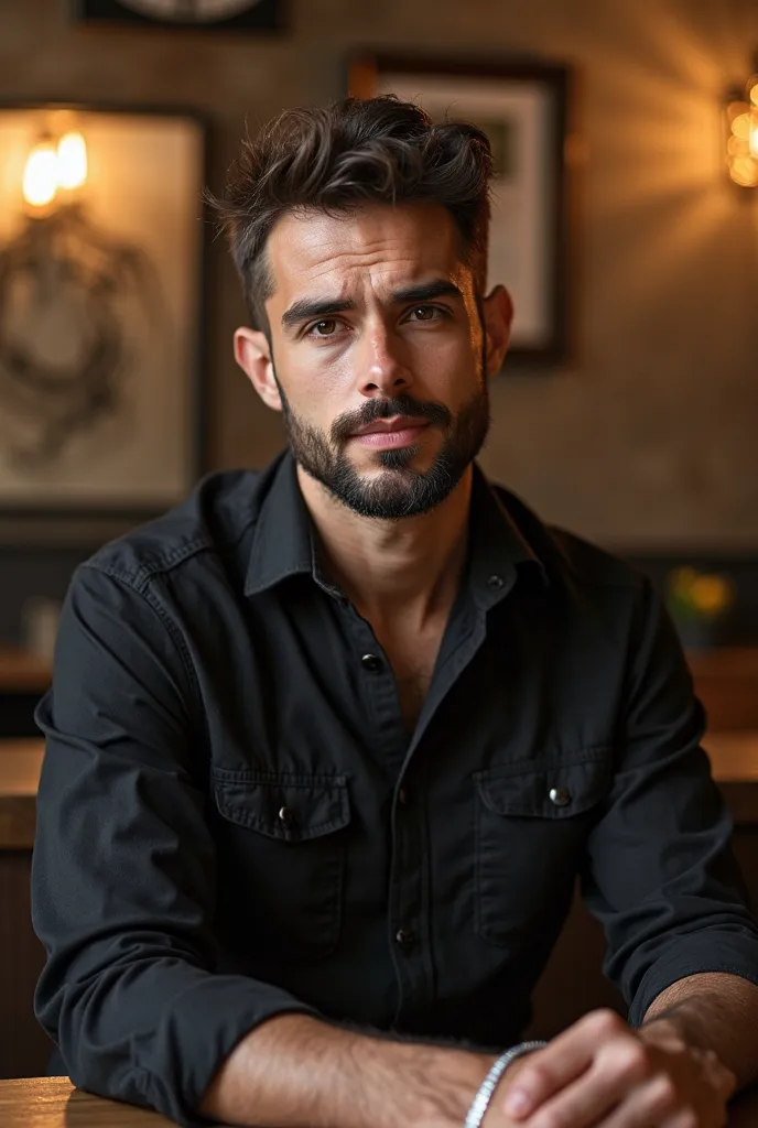 there is a man with a black shirt on sitting at a table, a picture inspired by Ernő Tibor, reddit, shin hanga, gui guimaraes, edin durmisevic, bogdan rezunenko, david rios ferreira, about 3 , vitaly bulgarov, michal, (38 years old)