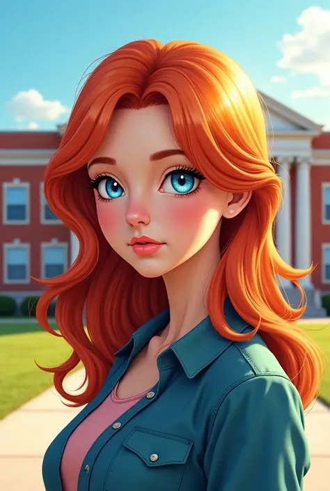 A girl with long curly red hair and blue eyes stands in front of a high school 