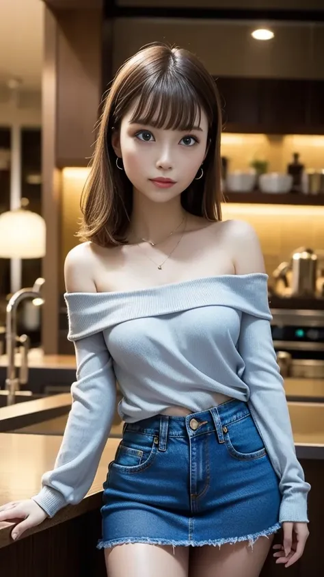 ( Denim Flare Mini Skirt)、((strapless off-shoulder long sleeve knit shirt))、Medium breast、blond hair、 layer style、Straight Bob Hair、 Natural Wave 、Flowing bangs、 irregular bangs 、Blue Eyes、earrings、cinematic lights、Soft Light、Bokeh、Greatest Masterpiece:1.3...