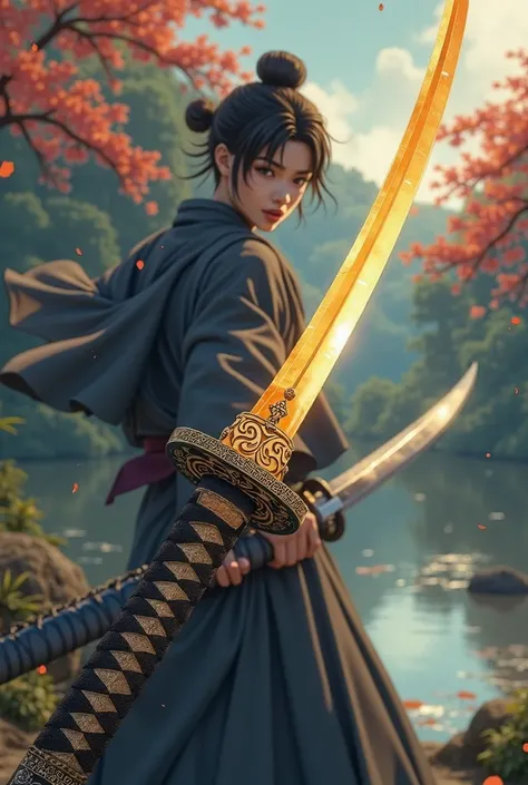 Green and gold and black katana in anime style/Japanese animation with decorated scabbard of the Japanese wind god and black and green blade.