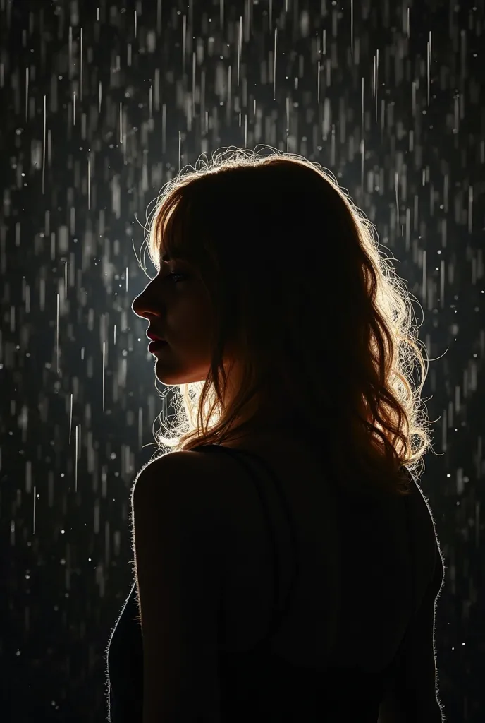 A woman who appears in the shadow silhouette has blond hair facing her back but her face will not be visible, it will rain in the form of a shadow on top of that shadow and the screen will be black. The screen will be slightly behind the screen will be jus...