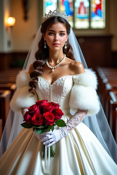 Close up photo of young bride in a regal wedding dress, with a white satin lace wedding dress, an intricate embroidery, a princess-style crinoline hoop skirt, and a dramatic train. She wears extra-long white gloves, a pearl necklace, pearl earrings, and a ...