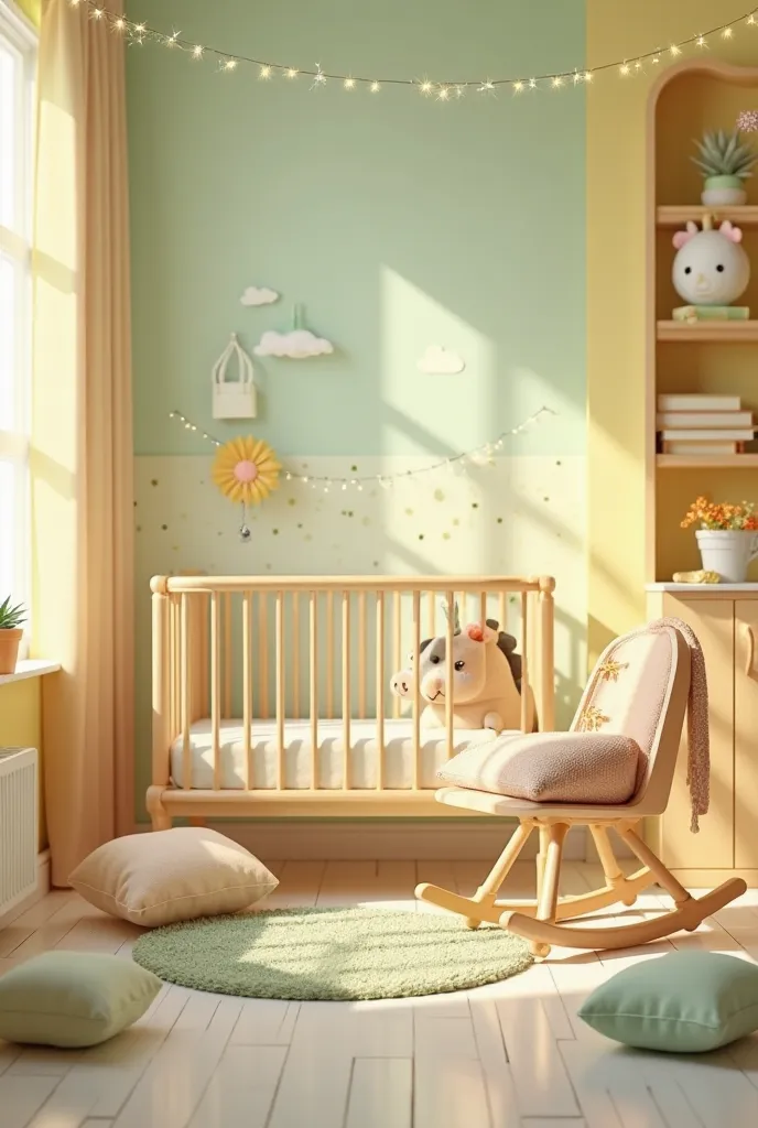  a room, with crib , rocking chair, Little wooden horse , squares .  Atmosphere in pastel yellow and pastel green tones.  cushions . All with AI