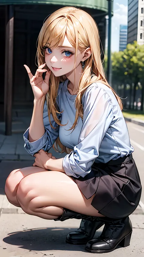  Ultra High Resolution,(long straight hair:1.8, big-faced blonde),(masterpiece :1.4,   Best Quality  ), squatting position, Roll up your sleeves  ,  white  shirt ,    gray skirt ,   panties ,   Midnight ,    let me eat 、 nice smile,   Outdoor Urban Environ...