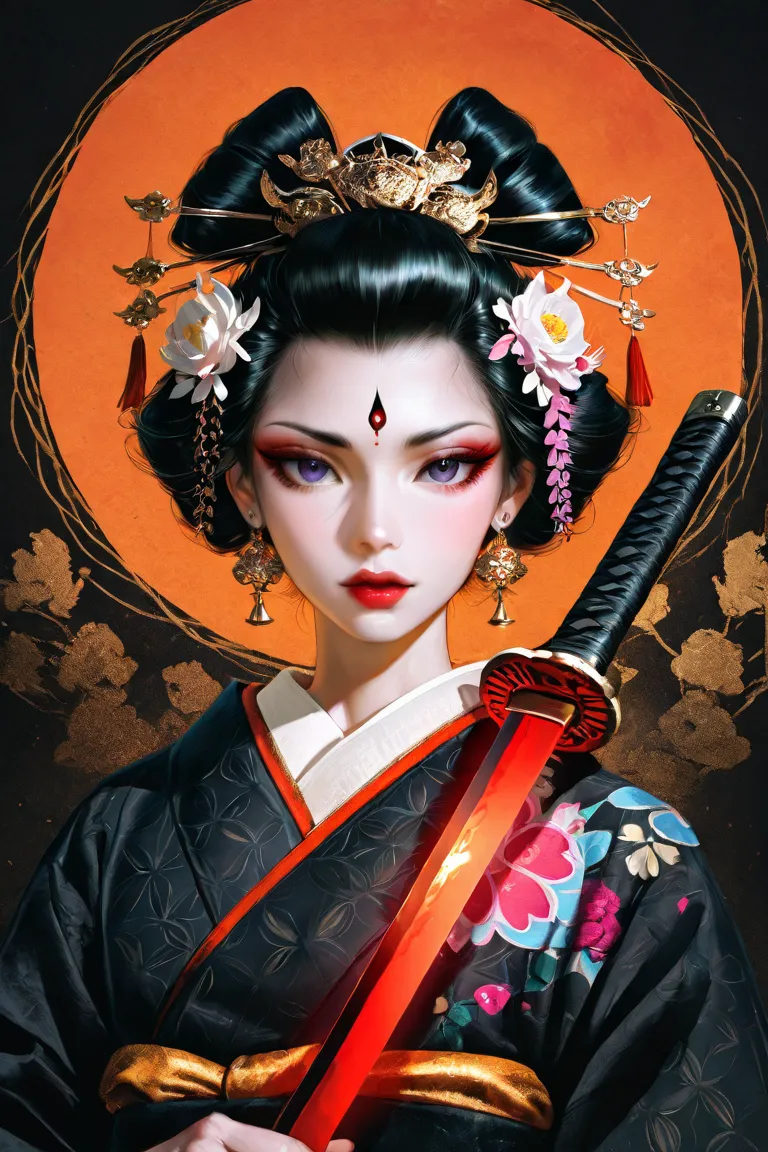 Portrait of an ancient panther painting, a beautiful and striking geisha kimono, delicate and colorful. She is holding a sword. Her emotions and gestures convey elegance and mystery, the background uses unusual and beautiful black colors, giving the image ...