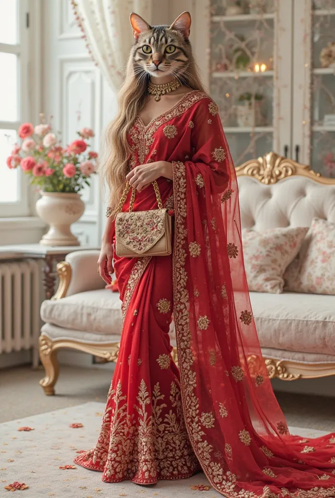 Please generate a high-quality image with one cat faced character and human body,she cat wearing a stylish indian traditional (gown saree)embroidered lawn in a rich red color with intricate white patterns. , holding a matching dupatta, matching purse , lon...