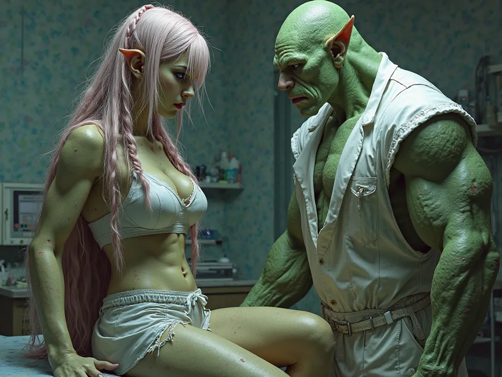 green skinned female orc, green skinned male orc, female orc with long multicolored hair, thighhighs, massive chest, long pointed ears, pink colored eyes , extra short nurse uniform with a view of pussy, female orgasm face while drooling, male with an absu...