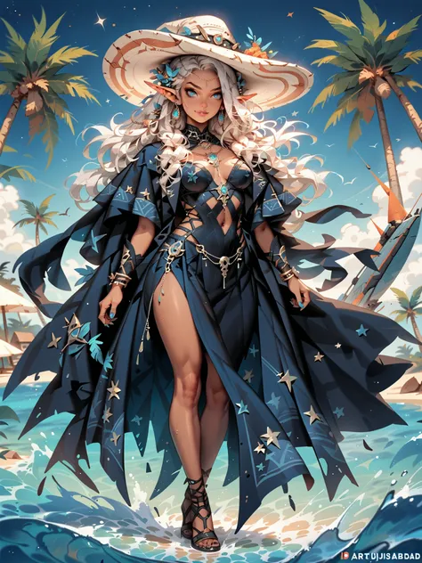 (from front, full body, look at viewer)mature witch(Suspicious Smile ,  Silver Hair,brown skin,slender,curved proportions),((Gathering magic in the palm, water orbs))。
enchanting leather gothic robe、 elf ears。
bubbling waves hit the sandy beach,Jet black n...