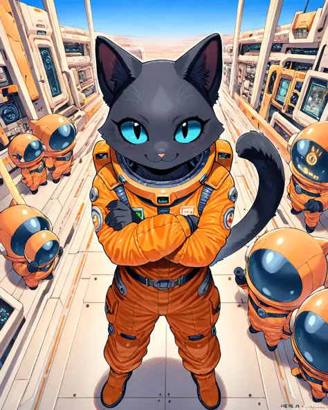 1 man, black cat furry, (orange spacesuit), casual kindness, smile, arm-crossed, from above, monocular, SF, Wind, blue sky, masterpiece, Best Quality